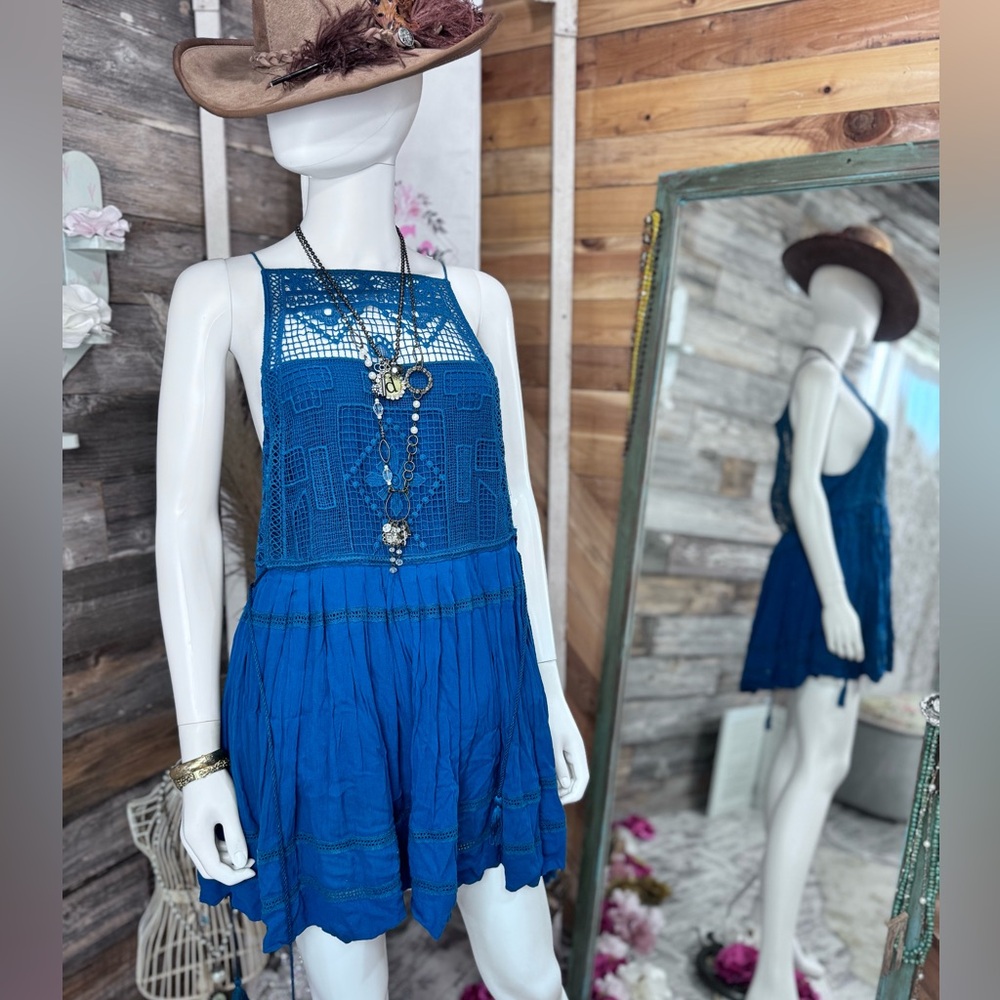 Free People Crocheted Detail Side Tie Boho Emily Dress Teal Large 💗